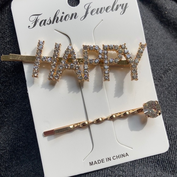 Happy Bobbie Pin Set/ Sparkly Gold Rhinestone - Picture 1 of 3